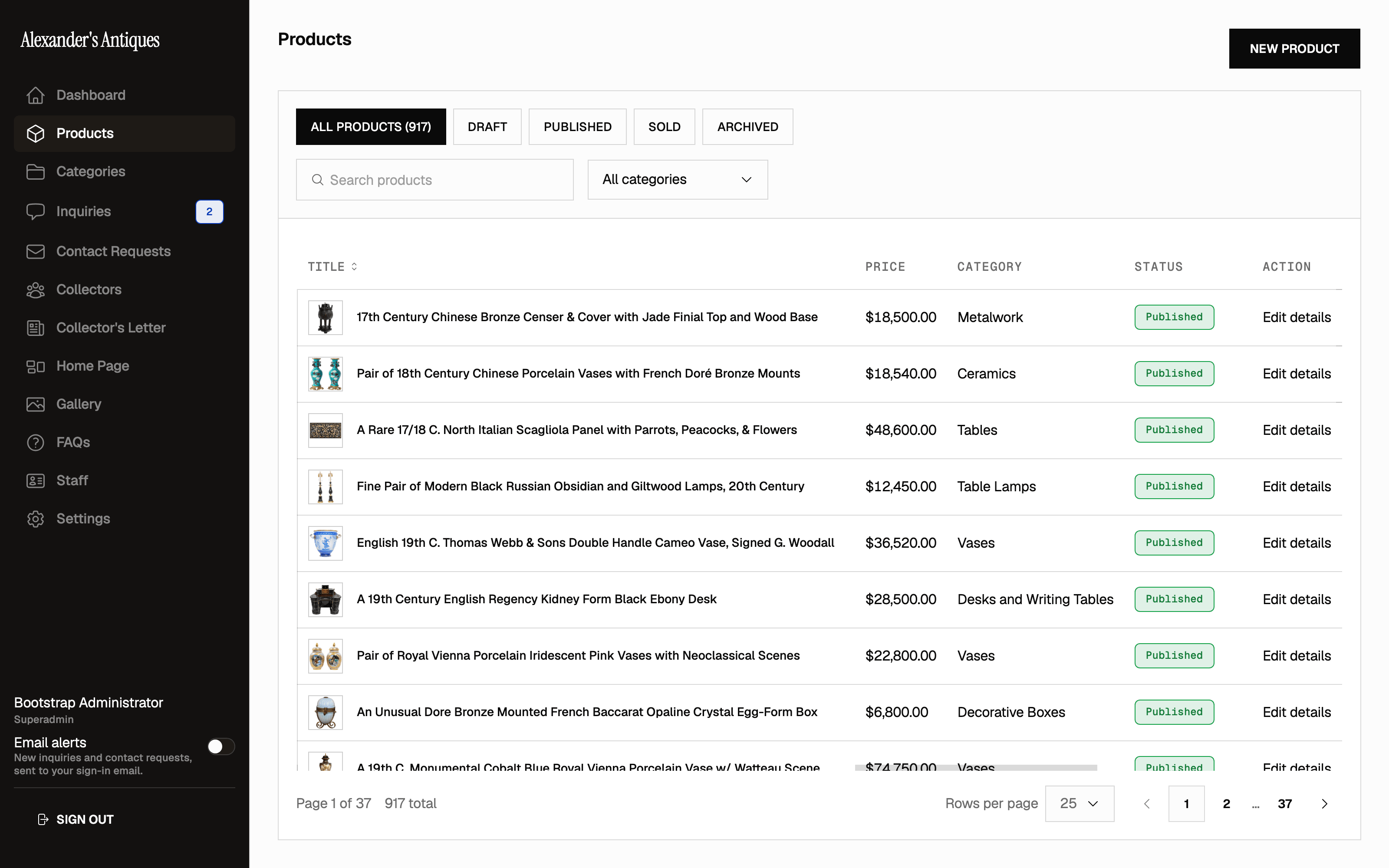 Admin products list with 917 pieces, prices, leaf categories, and published status