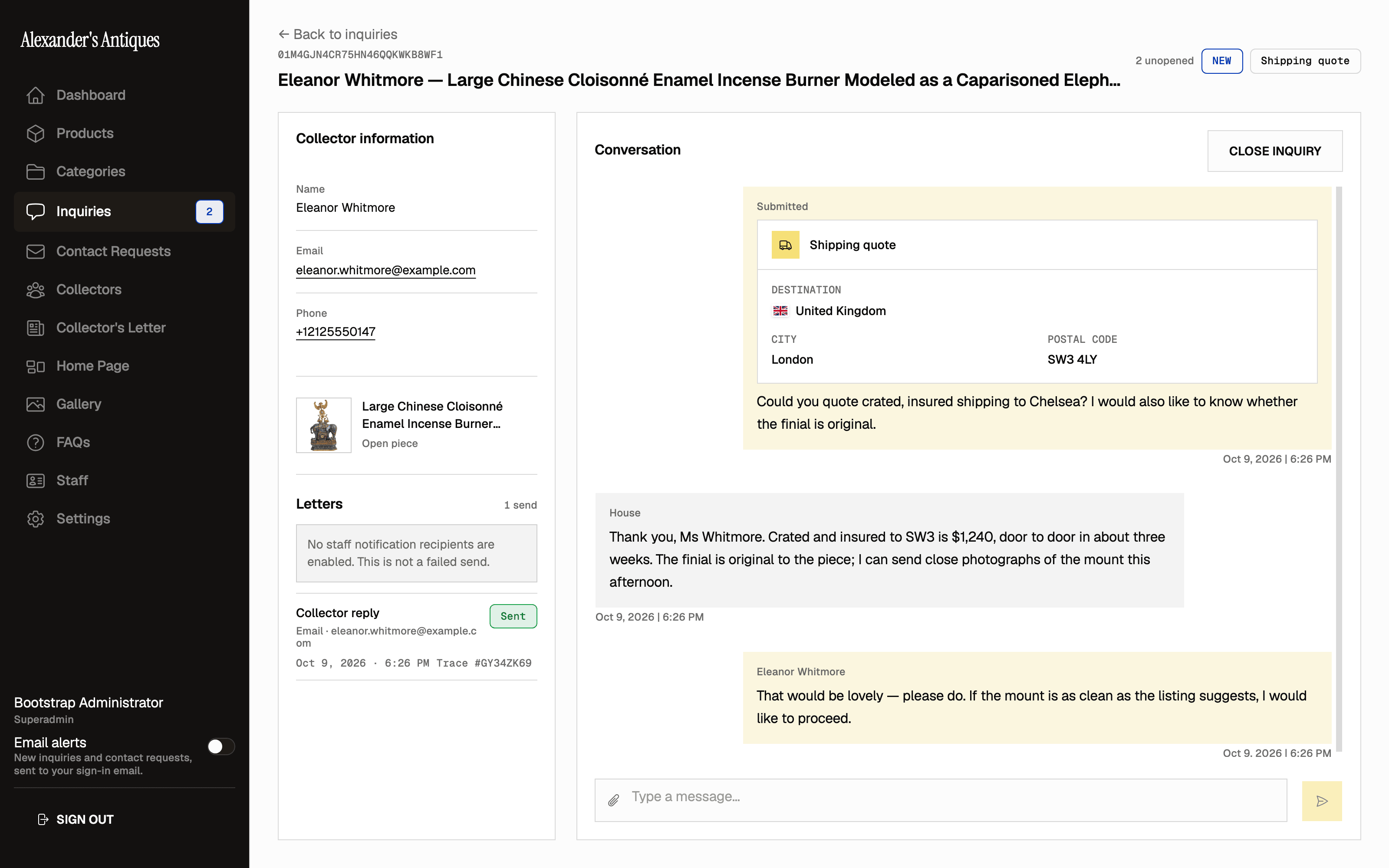 Admin conversation for a shipping-quote inquiry to London, with the gallery's reply and the collector's answer