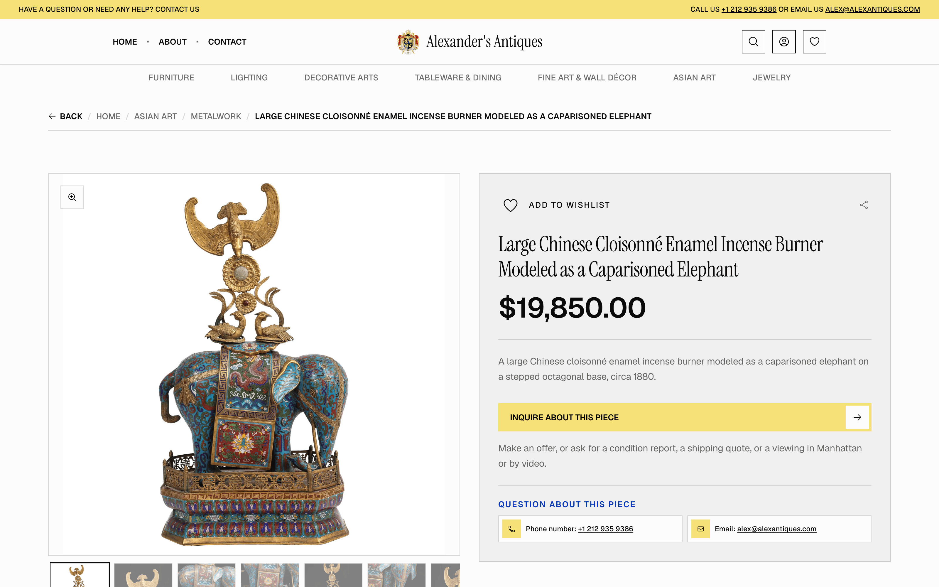 Large Chinese cloisonné enamel incense burner modeled as a caparisoned elephant on its piece page, $19,850, with the inquiry action