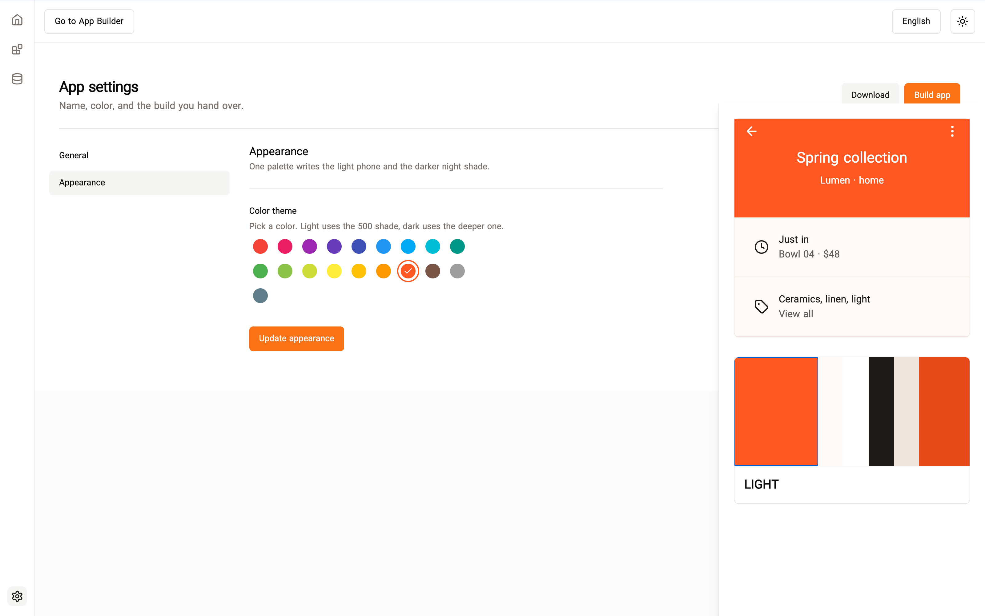 App settings with the name Lumen, a clay color selected, and the same storefront previewed on a phone