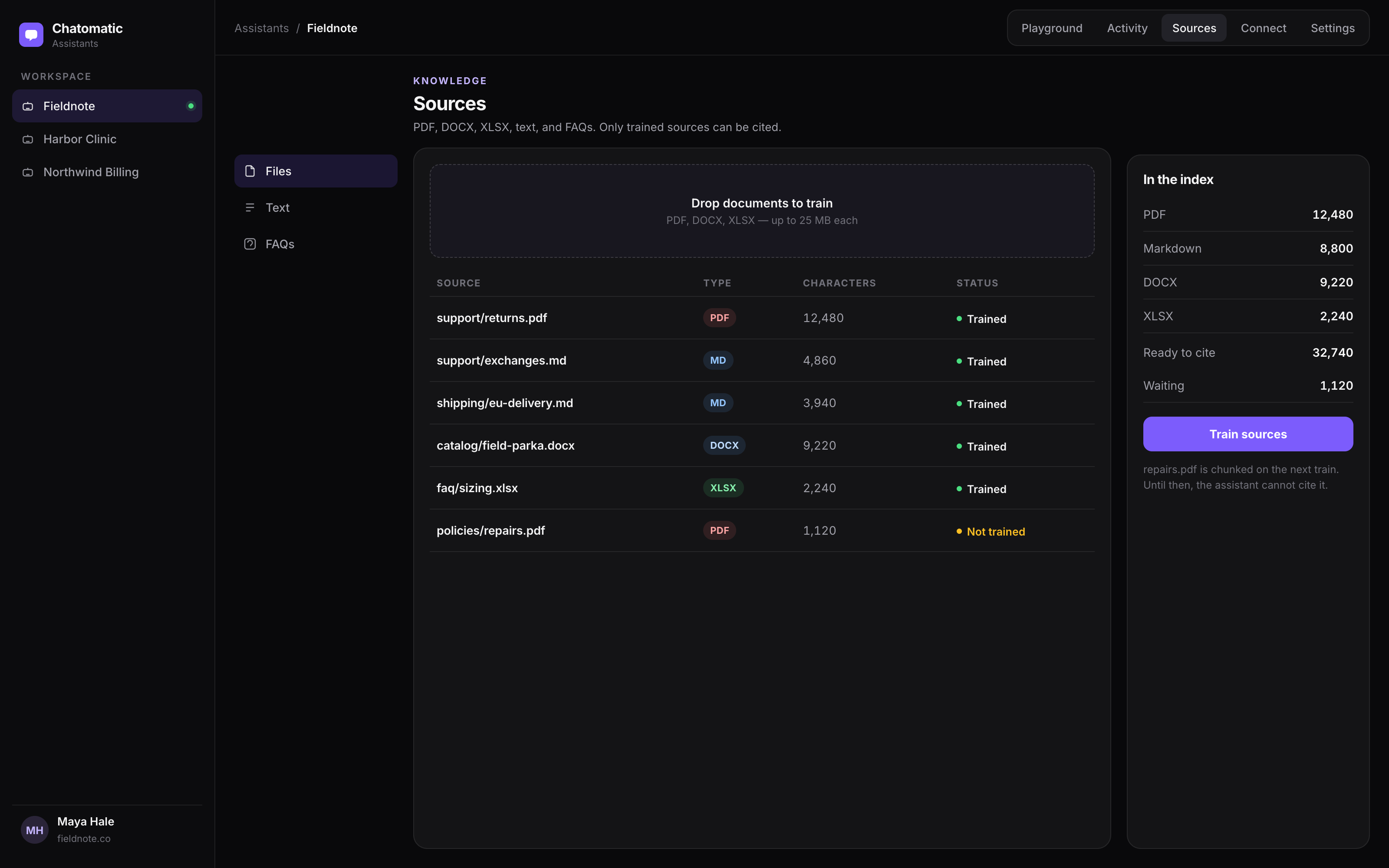 Chatomatic sources screen with trained documents and one PDF still waiting to be trained