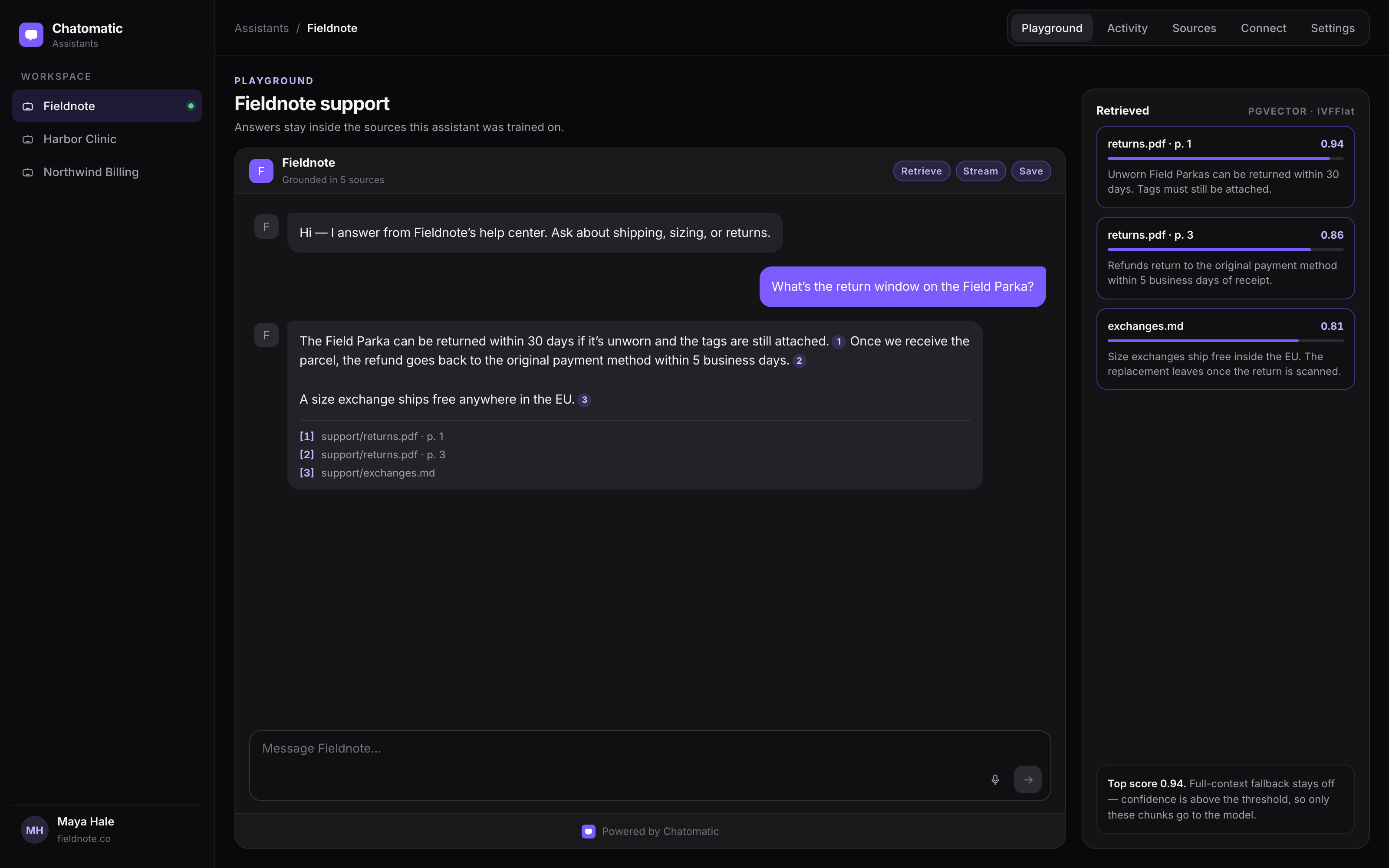 Chatomatic dashboard — streaming AI chat with inline citations and assistant playground