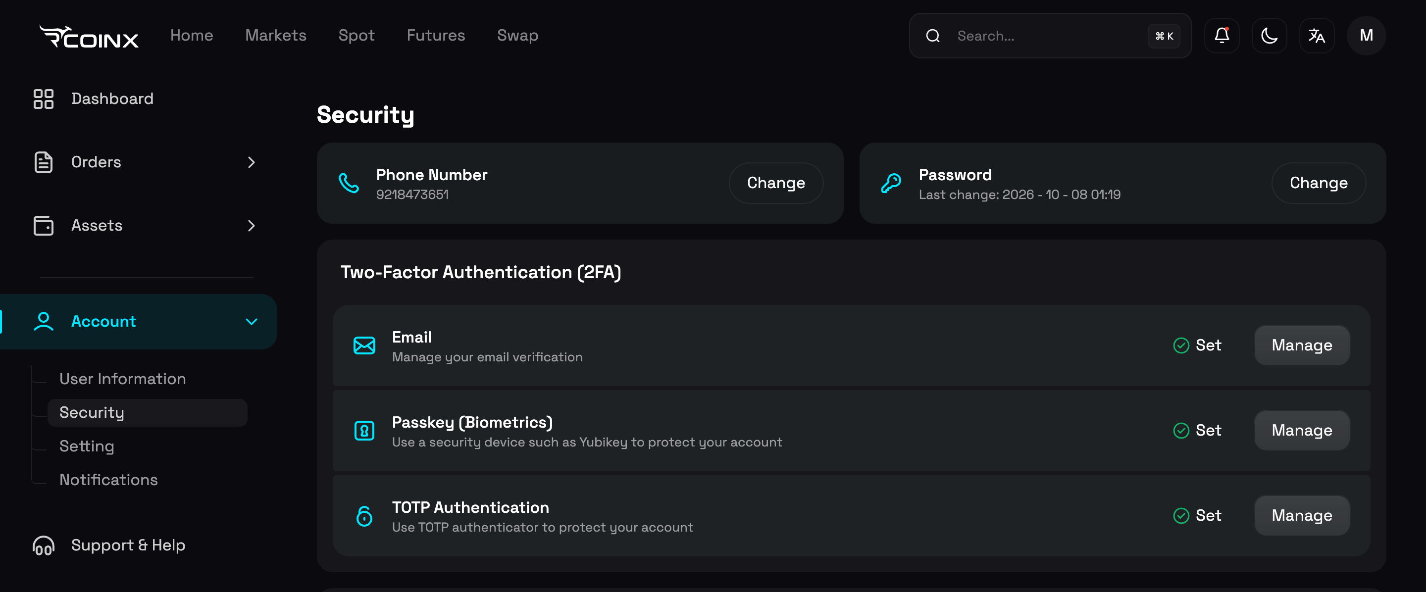 RcoinX security settings with email, passkey, and TOTP two-factor authentication enabled