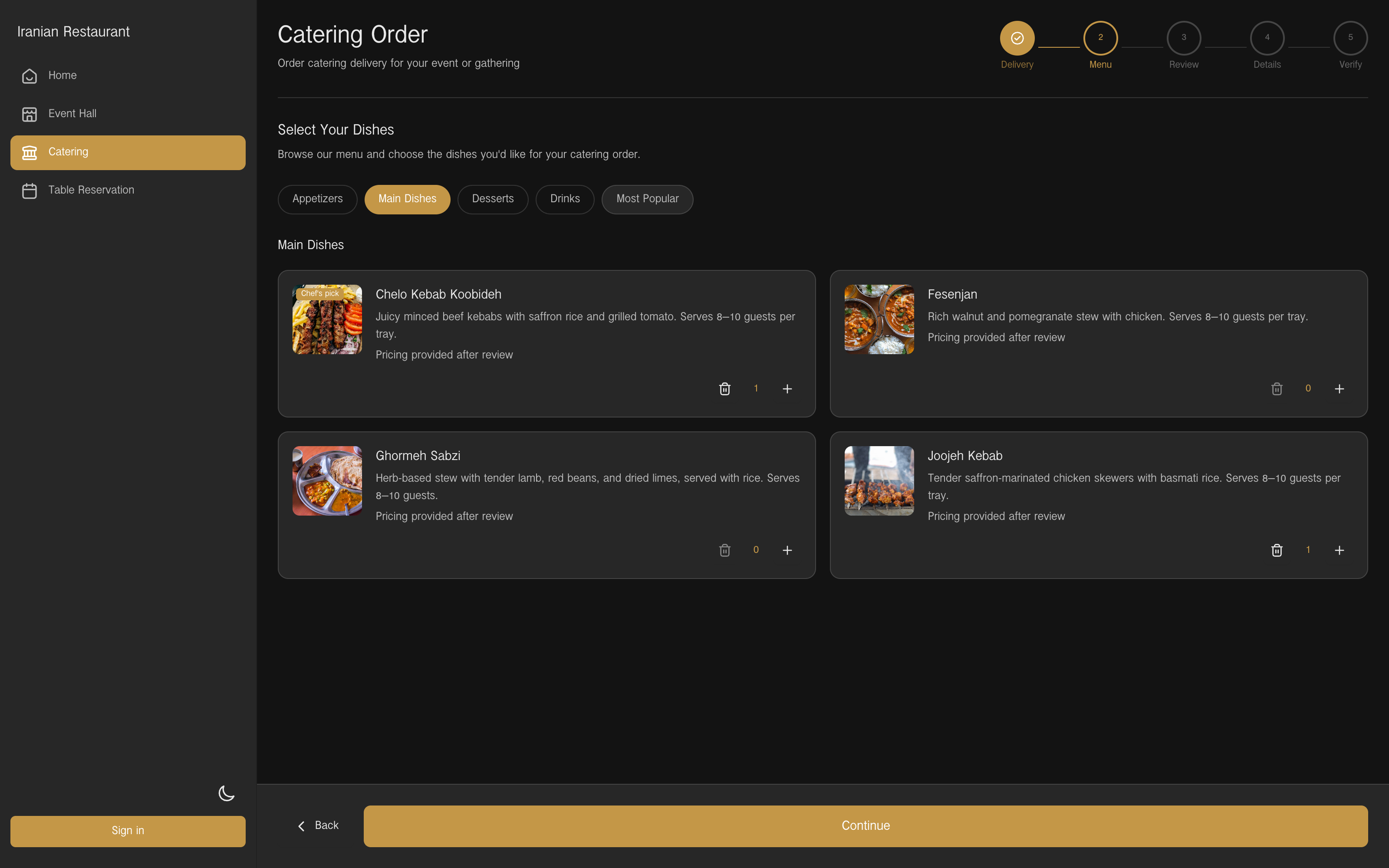 Catering menu with Chelo Kebab Koobideh and Joojeh Kebab added, prices withheld until review