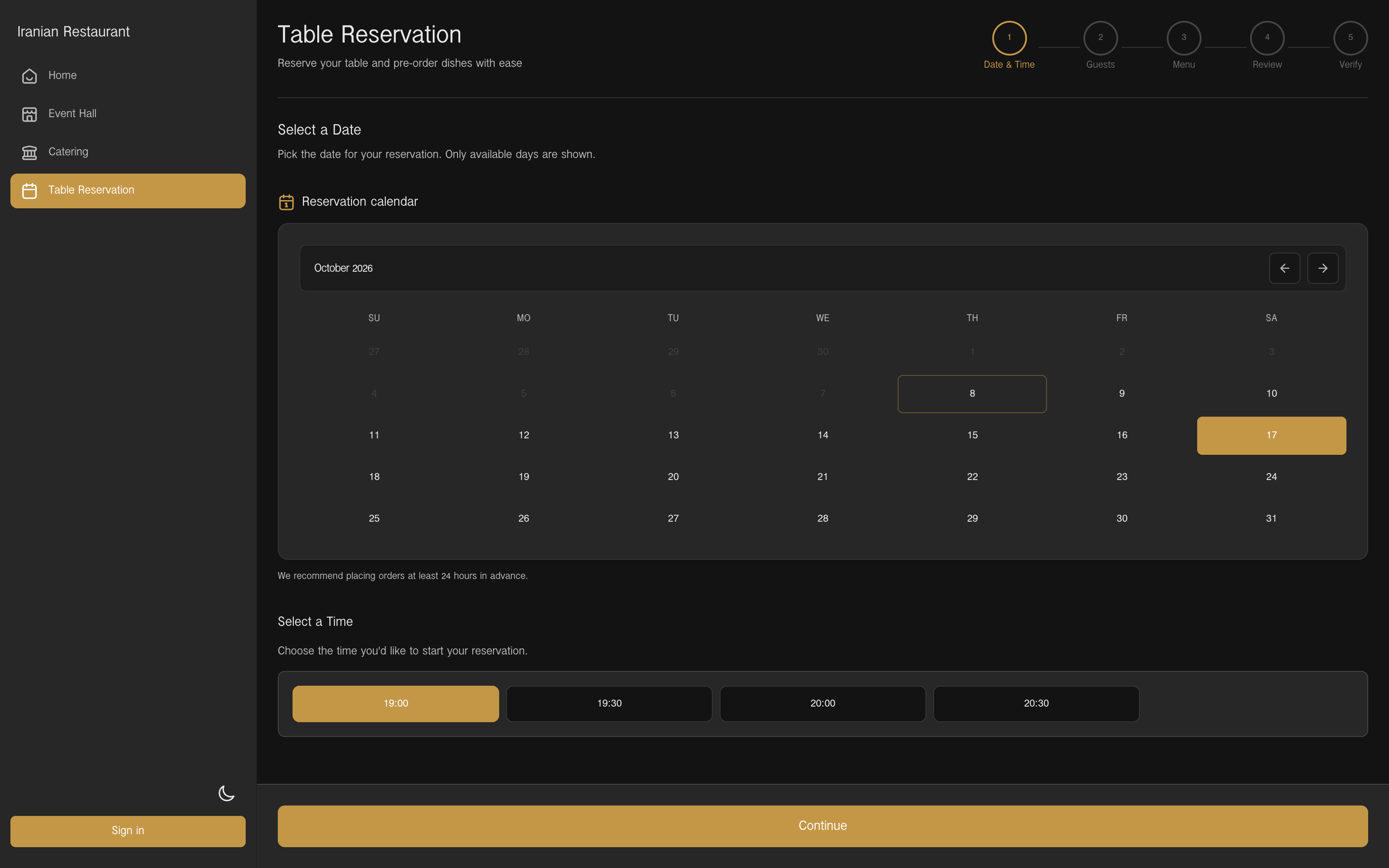 Table reservation calendar with Saturday the 17th selected and 19:00 chosen